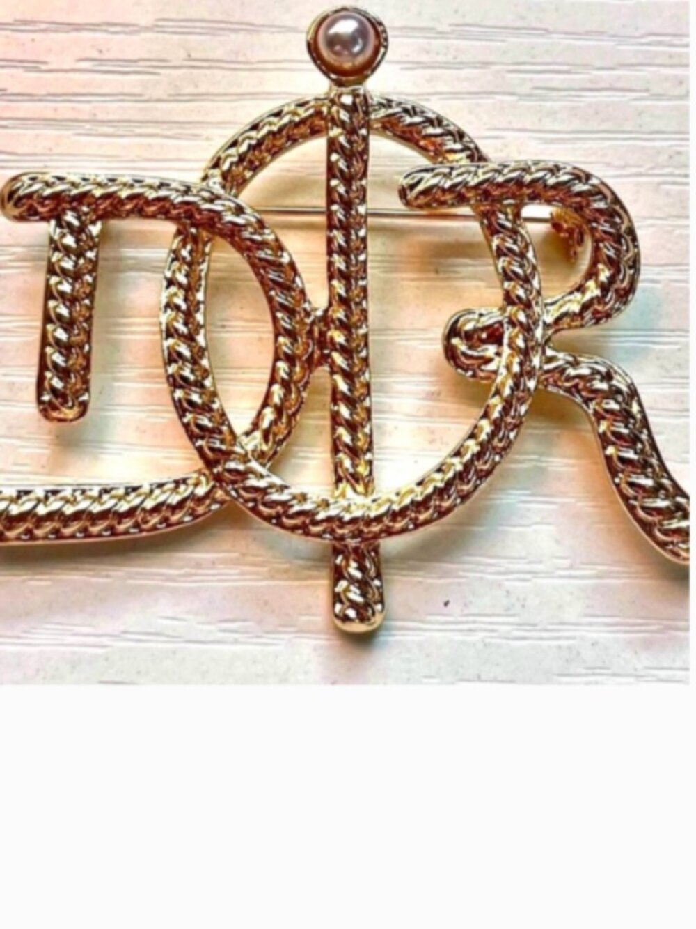 Gold Rope Monogram Style Brooch with Pearl Accent | Vintage-Inspired Pin